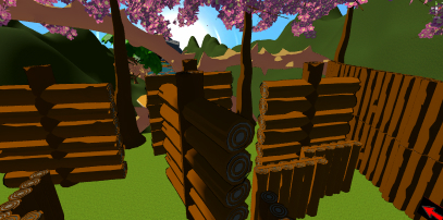 Screenshot van het houten parcour met draaiende houten balken en op de achtergrond bomen met roze bladeren, bossen en een lichtblauwe lucht